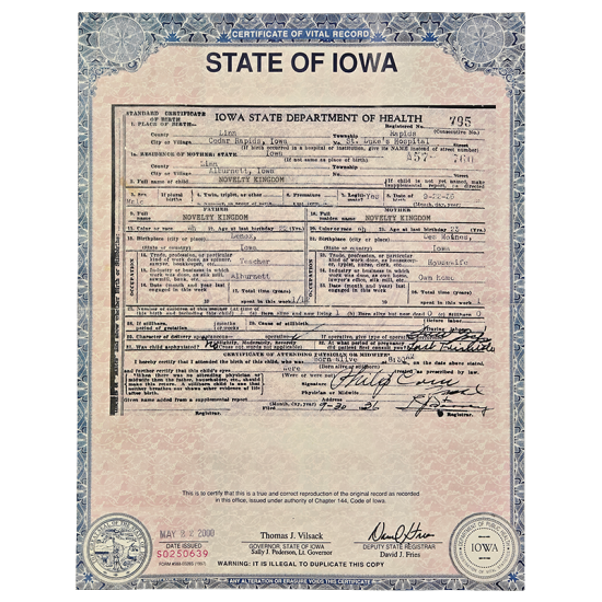 Novelty Iowa Birth Certificate