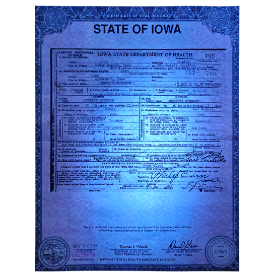 Novelty Iowa Birth Certificate